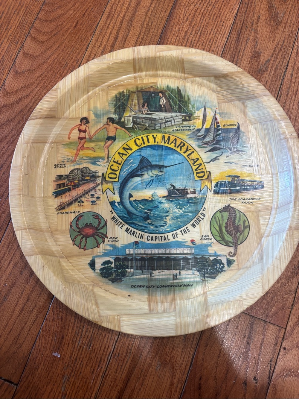 Vintage Ocean City MD Serving Tray Souvenir Round Woven Bamboo - Commemorative!